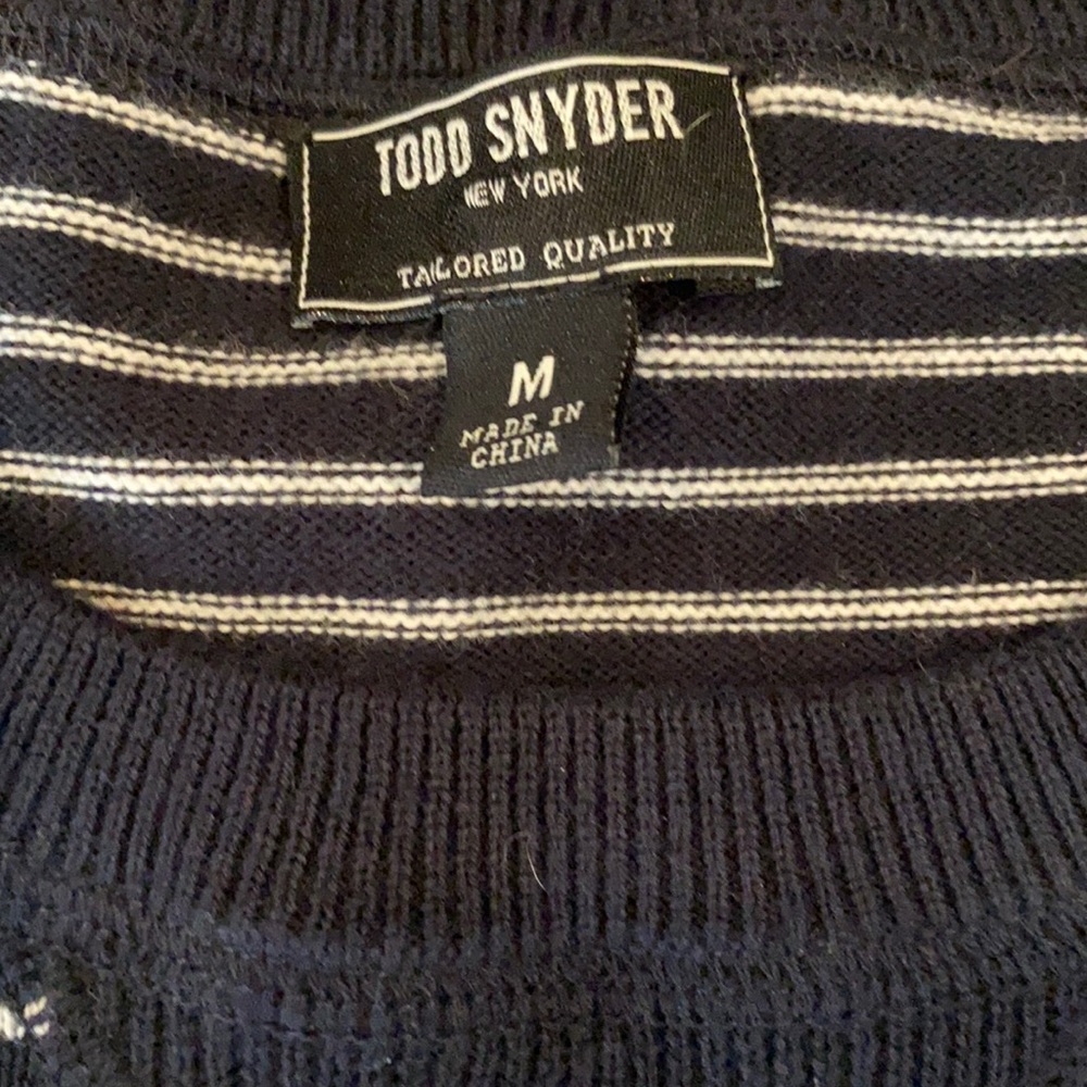 Men’s Todd Snyder navy/white nautical stripe sweater.